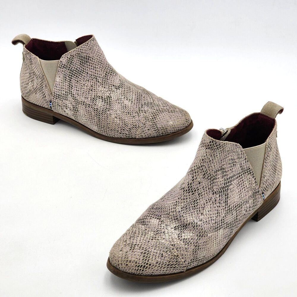 TOMS Reese Suede Snakeskin Print Ankle Boots Booties Side Zip Gray Size 9.5
